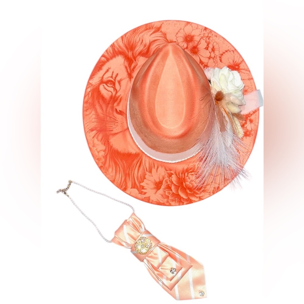 Elegant Peach colored Floral Women's Hat and matching Necklace Tie